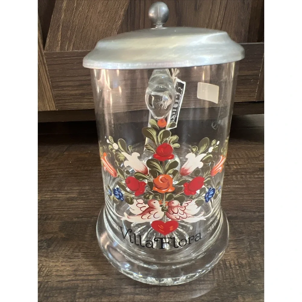 Vintage Joska German Crystal Beer Stein Pewter Lid Mug Villa Flora NWT 1986